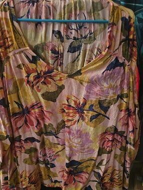 Terra & Sky Pink Floral V-Neck Blouse with Yellow and Green Accents